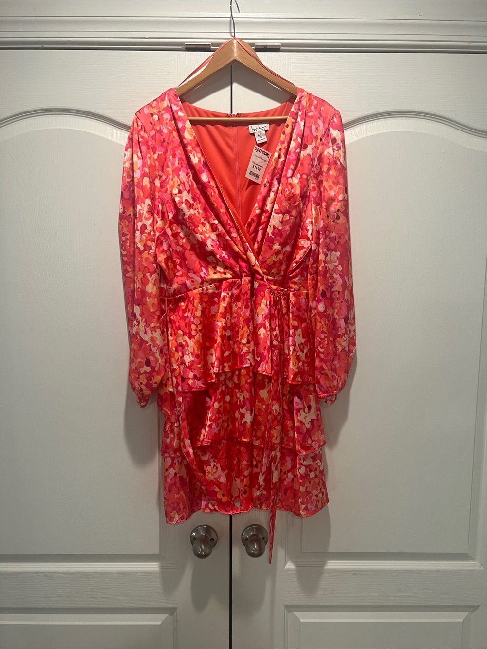 Nicole Miller Pink and Orange Floral Tiered Wrap Dress